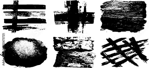Collection of abstract black ink textures with crossed bars and grunge elements for art and design