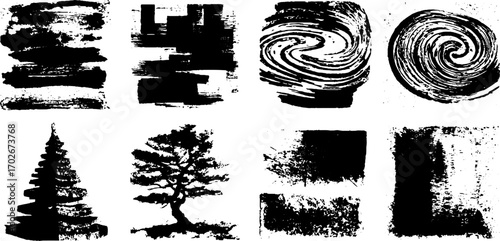 Black ink abstract texture set with fragmented polygonal designs for creative projects