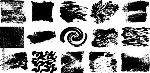 Black ink abstract texture set with fragmented polygon designs