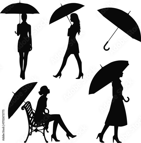 Elegant Women with Umbrellas Silhouette Vector Collection Elegant Women with Umbrellas Silhouette Vector Collection