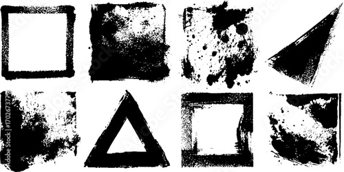 Abstract grunge texture set with black ink squares and triangles for creative design