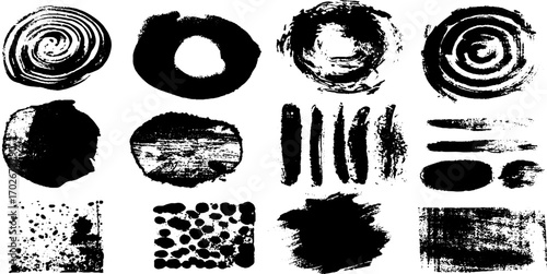 Black ink abstract texture set with geometric shapes and grunge patterns for artistic design