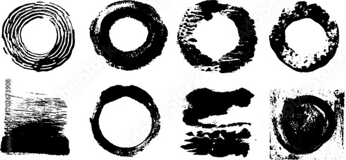 Black ink abstract texture set featuring scribbled lines and rough circles for artistic design