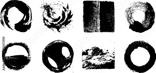 Black ink abstract texture set with scribbled lines and grunge circles for artistic design