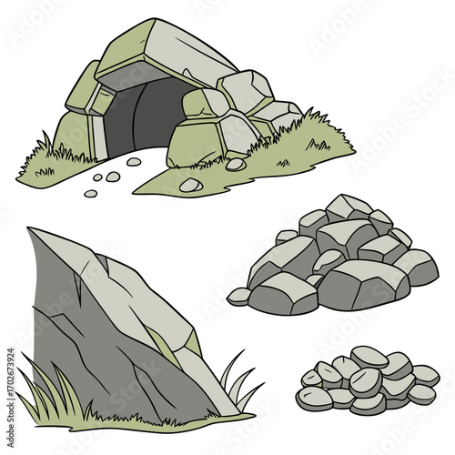 Cartoon grey stone and rock clipart, 3D boulders and pebbles, a pile of rubble and debris, isolated natural landscape elements, and mountain cliff and rocky terrain design. Vector set
