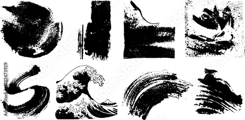 Black ink abstract texture set with scribbled lines and artistic brush strokes