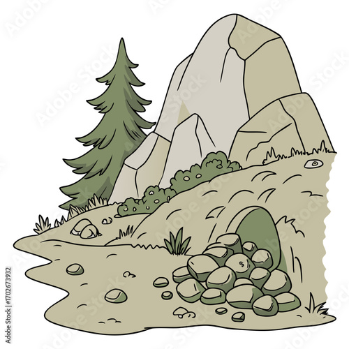 Cartoon grey stone and rock clipart, 3D boulders and pebbles, a pile of rubble and debris, isolated natural landscape elements, and mountain cliff and rocky terrain design. Vector set