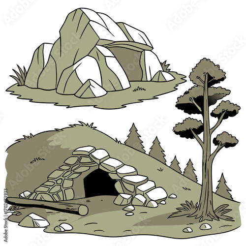 Cartoon grey stone and rock clipart, 3D boulders and pebbles, a pile of rubble and debris, isolated natural landscape elements, and mountain cliff and rocky terrain design. Vector set