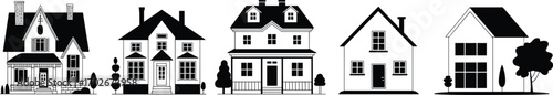 Vector illustration of black and white silhouettes of various residential houses, perfect for real estate, home, and neighborhood designs.