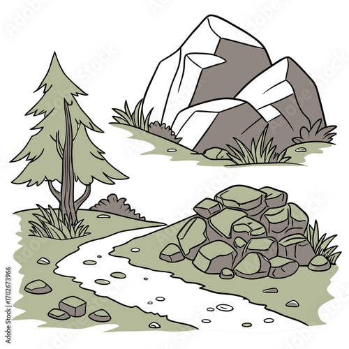 Cartoon grey stone and rock clipart, 3D boulders and pebbles, a pile of rubble and debris, isolated natural landscape elements, and mountain cliff and rocky terrain design. Vector set