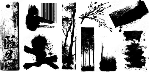 Black ink collage with barcode, nature elements, and calligraphy for design