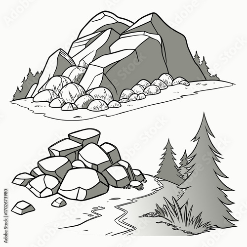Cartoon grey stone and rock clipart, 3D boulders and pebbles, a pile of rubble and debris, isolated natural landscape elements, and mountain cliff and rocky terrain design. Vector set