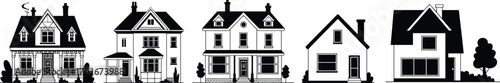 Vector illustration of black and white silhouettes of various residential houses, perfect for real estate, home, and neighborhood designs.