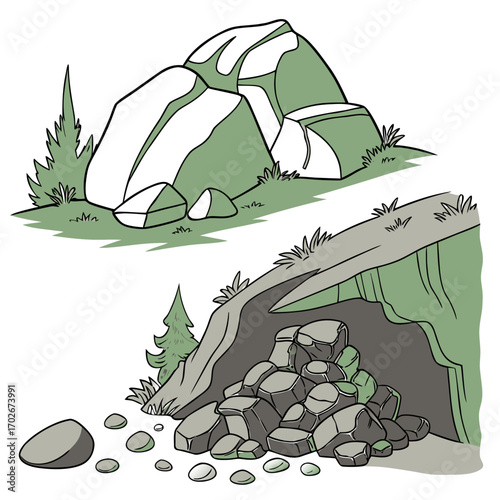 Cartoon grey stone and rock clipart, 3D boulders and pebbles, a pile of rubble and debris, isolated natural landscape elements, and mountain cliff and rocky terrain design. Vector set