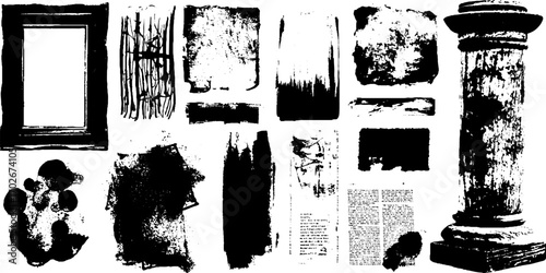 Black ink collage set with newspaper clippings and textured fragments for creative design