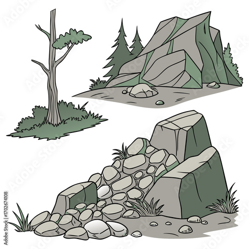 Cartoon grey stone and rock clipart, 3D boulders and pebbles, a pile of rubble and debris, isolated natural landscape elements, and mountain cliff and rocky terrain design. Vector set