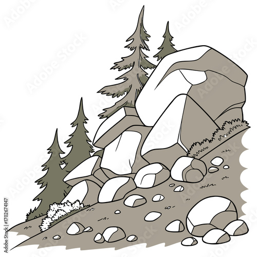 Cartoon grey stone and rock clipart, 3D boulders and pebbles, a pile of rubble and debris, isolated natural landscape elements, and mountain cliff and rocky terrain design. Vector set