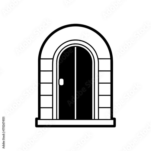 Arched doorway with stone frame in black and white on transparent background