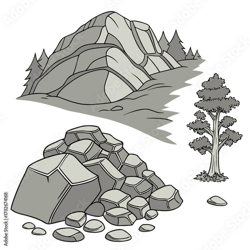 Cartoon grey stone and rock clipart, 3D boulders and pebbles, a pile of rubble and debris, isolated natural landscape elements, and mountain cliff and rocky terrain design. Vector set