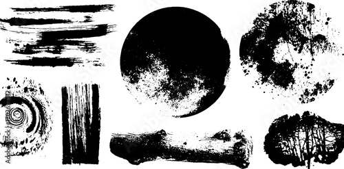 Dynamic black ink collage set featuring strokes, splatter, and grunge elements for creative design