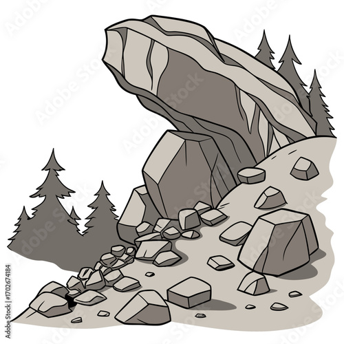 Cartoon grey stone and rock clipart, 3D boulders and pebbles, a pile of rubble and debris, isolated natural landscape elements, and mountain cliff and rocky terrain design. Vector set