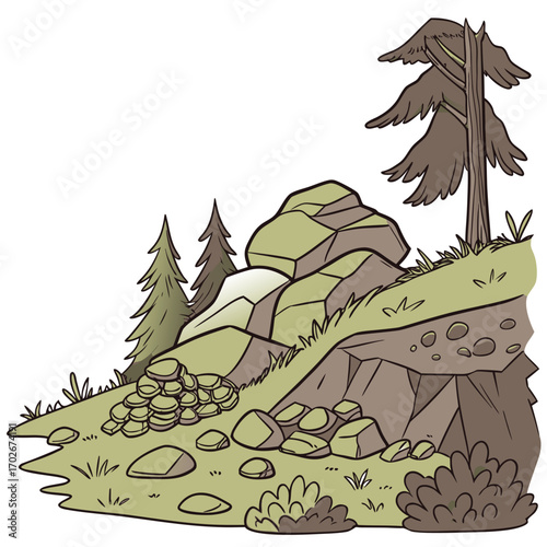 Cartoon grey stone and rock clipart, 3D boulders and pebbles, a pile of rubble and debris, isolated natural landscape elements, and mountain cliff and rocky terrain design. Vector set
