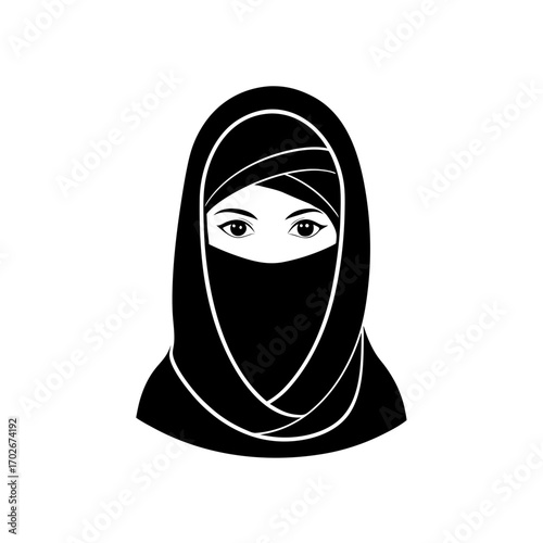 Illustration of a woman wearing a black headscarf on transparent background