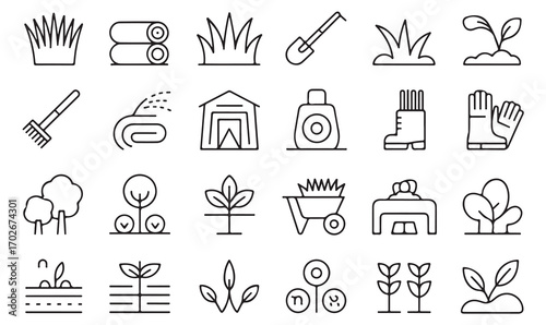 Outline gardening and farming icons featuring soil, sprouts, tools, flowers, and eco growth lifestyle illustrations