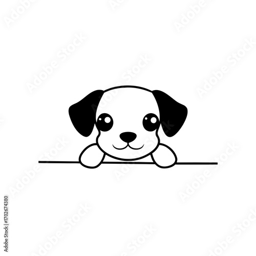 Cartoon puppy with black ears peering over a ledge on transparent background