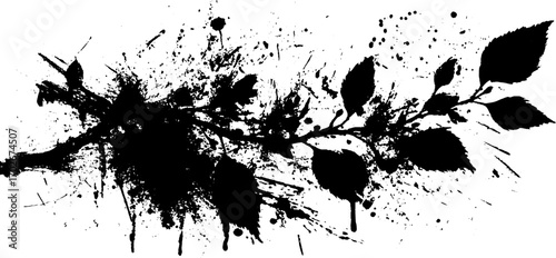 Grunge silhouette of branch with leaves in black ink splash design