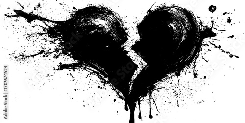 Grunge silhouette of a broken heart in black ink with splatters
