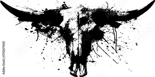 Black ink bull skull silhouette with grunge splatters for bold urban art