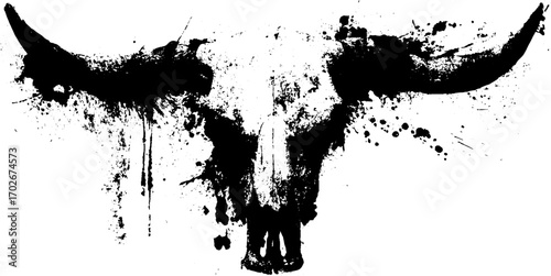 Black ink grunge silhouette of bull skull with splatter effects for urban art design