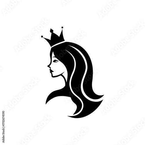 Silhouette of a queen with a crown and long hair on transparent background