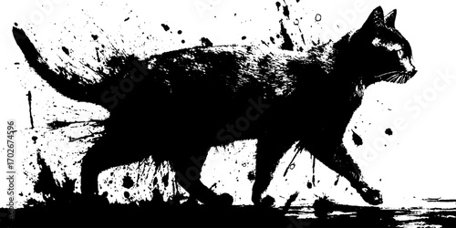 Grunge silhouette of a cat in splattered black ink design