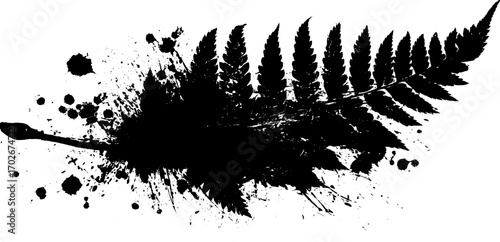 Abstract black ink fern leaf silhouette with grunge splatter texture