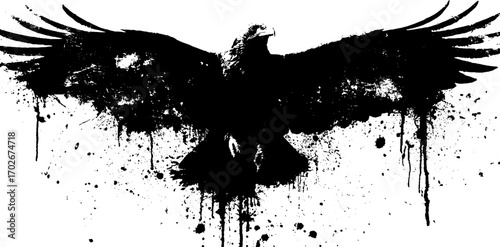 Majestic eagle silhouette with black ink grunge and splatter effect