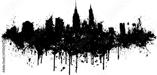 Grunge ink silhouette of cityscape with splattered and dripping fire motif