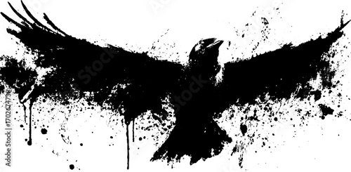 Black ink grunge silhouette of flying bird with splatter art design