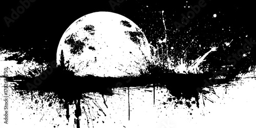 Black ink silhouette of full moon with grunge splatter elements