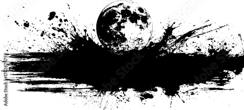 Abstract ink grunge silhouette of full moon with splatter and splash elements