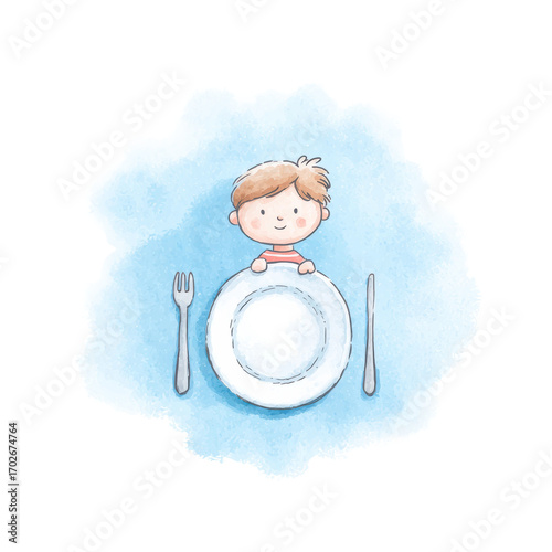 Illustration of caucasian young boy with plate and cutlery on blue background, cut out