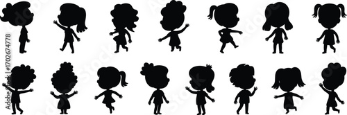 Vector illustration of black silhouettes of cute kids, perfect for children's books, school projects, and fun, playful designs.