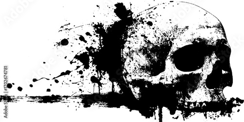 Grunge silhouette of human skull with ink splatter on white background