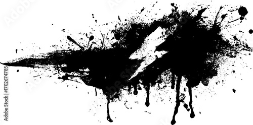 Black ink grunge lightning bolt silhouette with splatter effect for urban art design