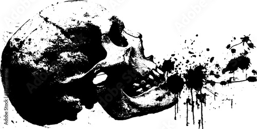 Black ink grunge silhouette of skull with splatter and drip art design