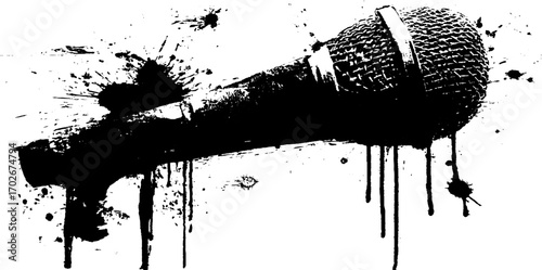 Black ink silhouette of microphone with grunge splatter for urban art design