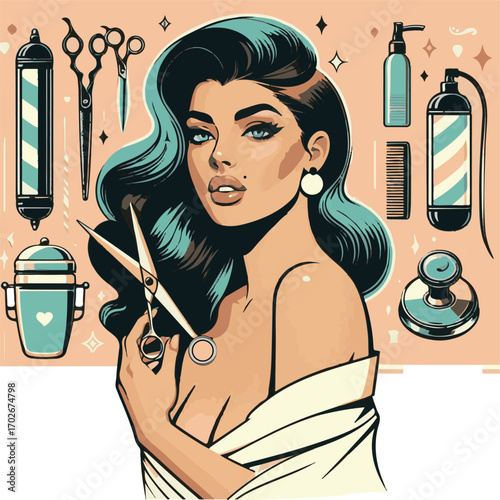 Stylish woman holding scissors with beauty tools in the background  