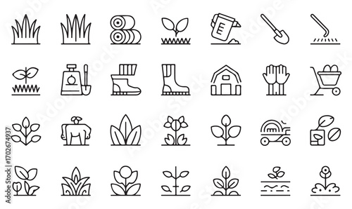 Collection of outline vector icons representing gardening, planting, soil care, landscaping, and farming tools for nature and eco design