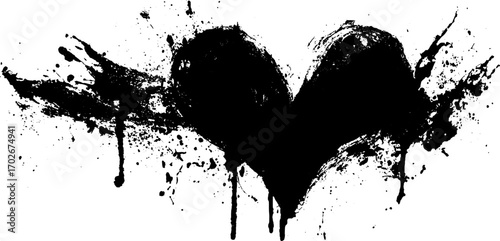Black ink grunge silhouette of heart splat with dripping edges for urban art design